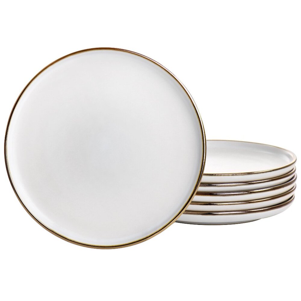 Elama Arthur 6 Piece Stoneware Salad Plate Set in Matt White with Gold Rim